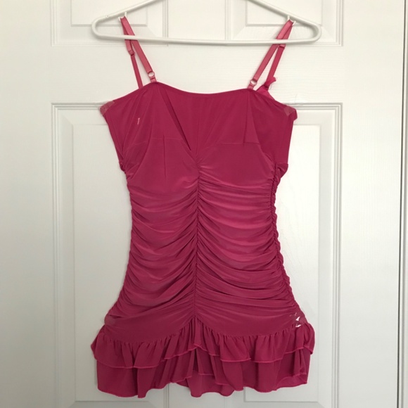 Rare Y2K Seduction Ruched Spaghetti Strap Top S Fit Ruffle Hem Magenta Pink - Picture 7 of 14